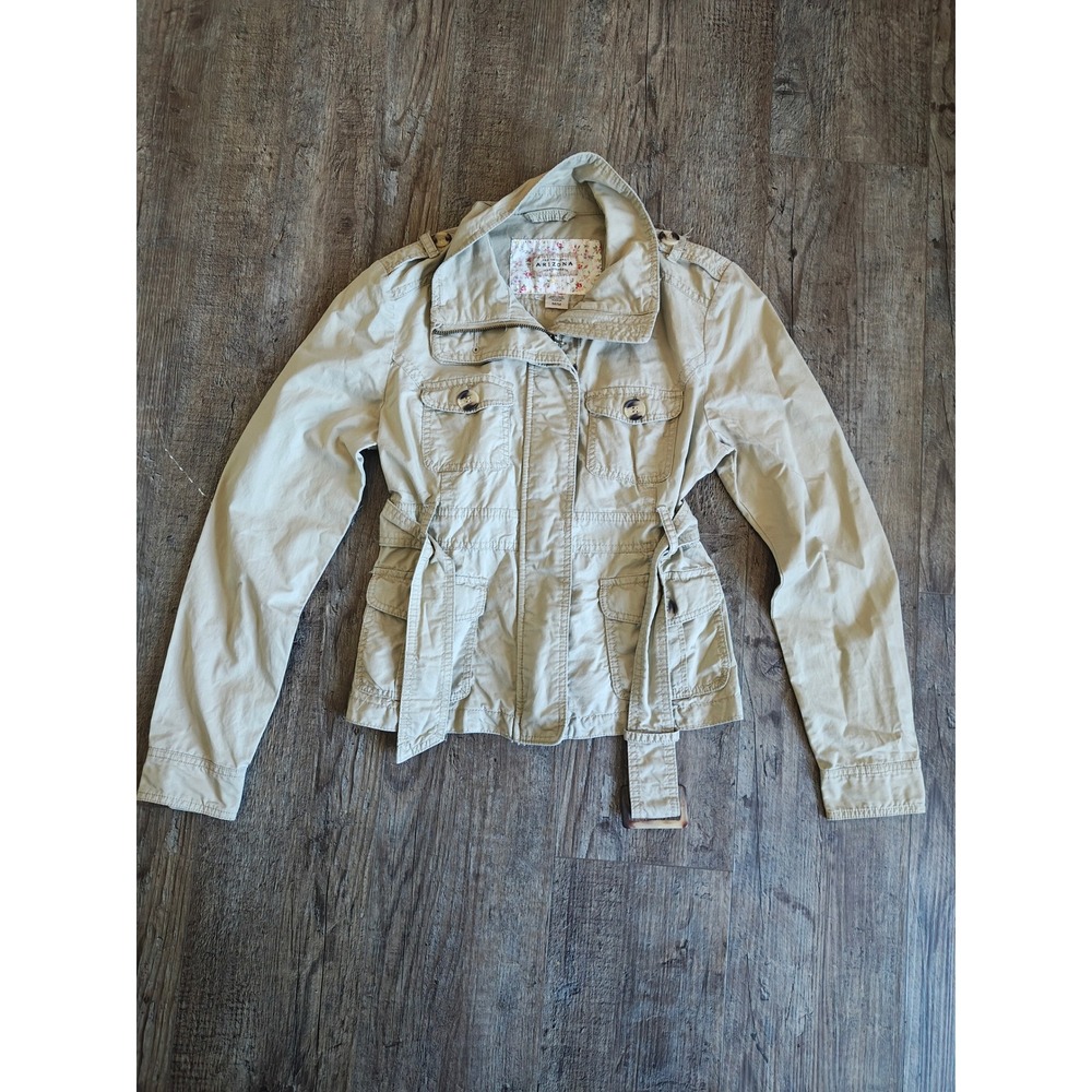 Arizona Jean Company Khaki Utility Jacket Women Medium Tan Belted Military Field